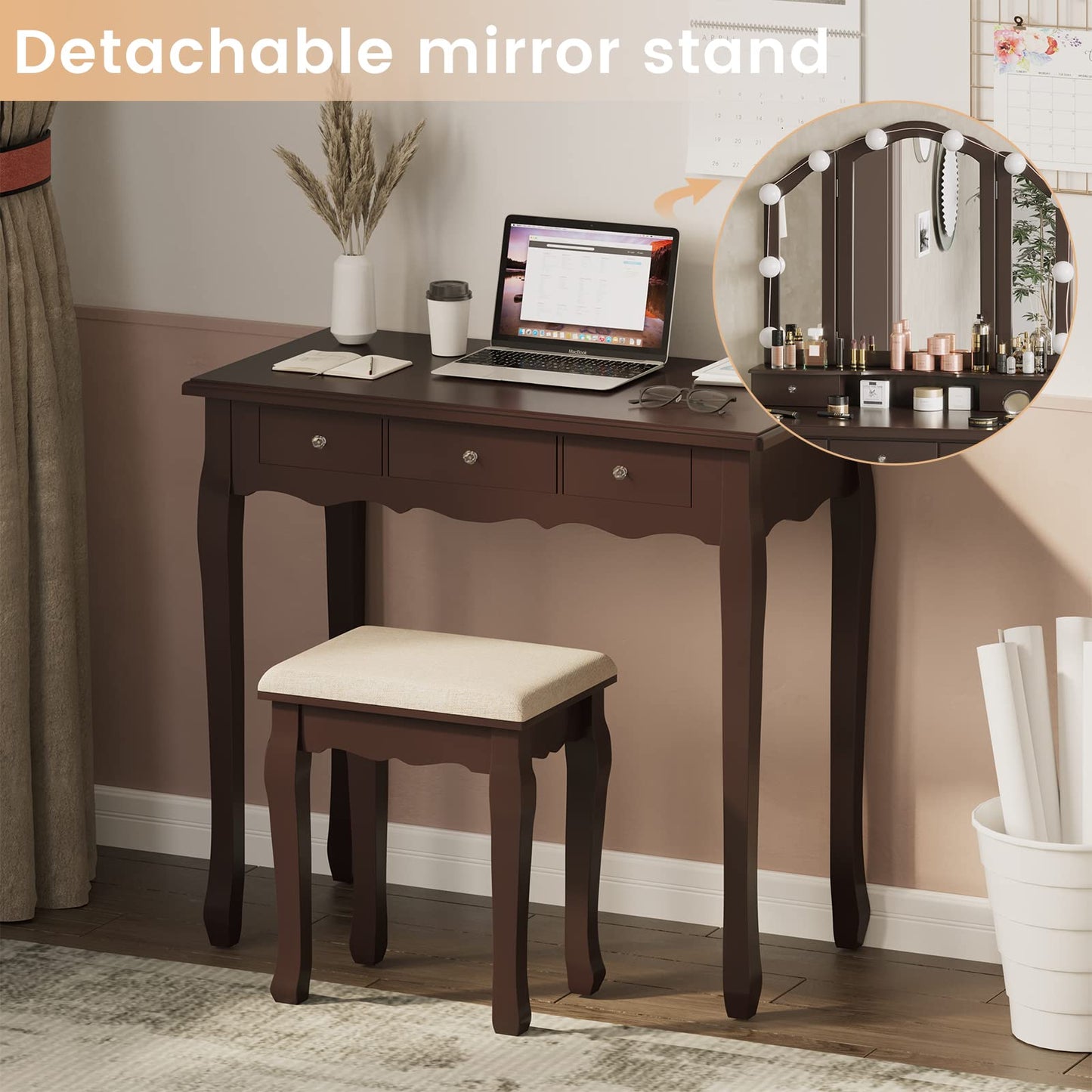 Makeup Vanity with Lights, Vanity Desk with Lighted Mirror and Stool, White