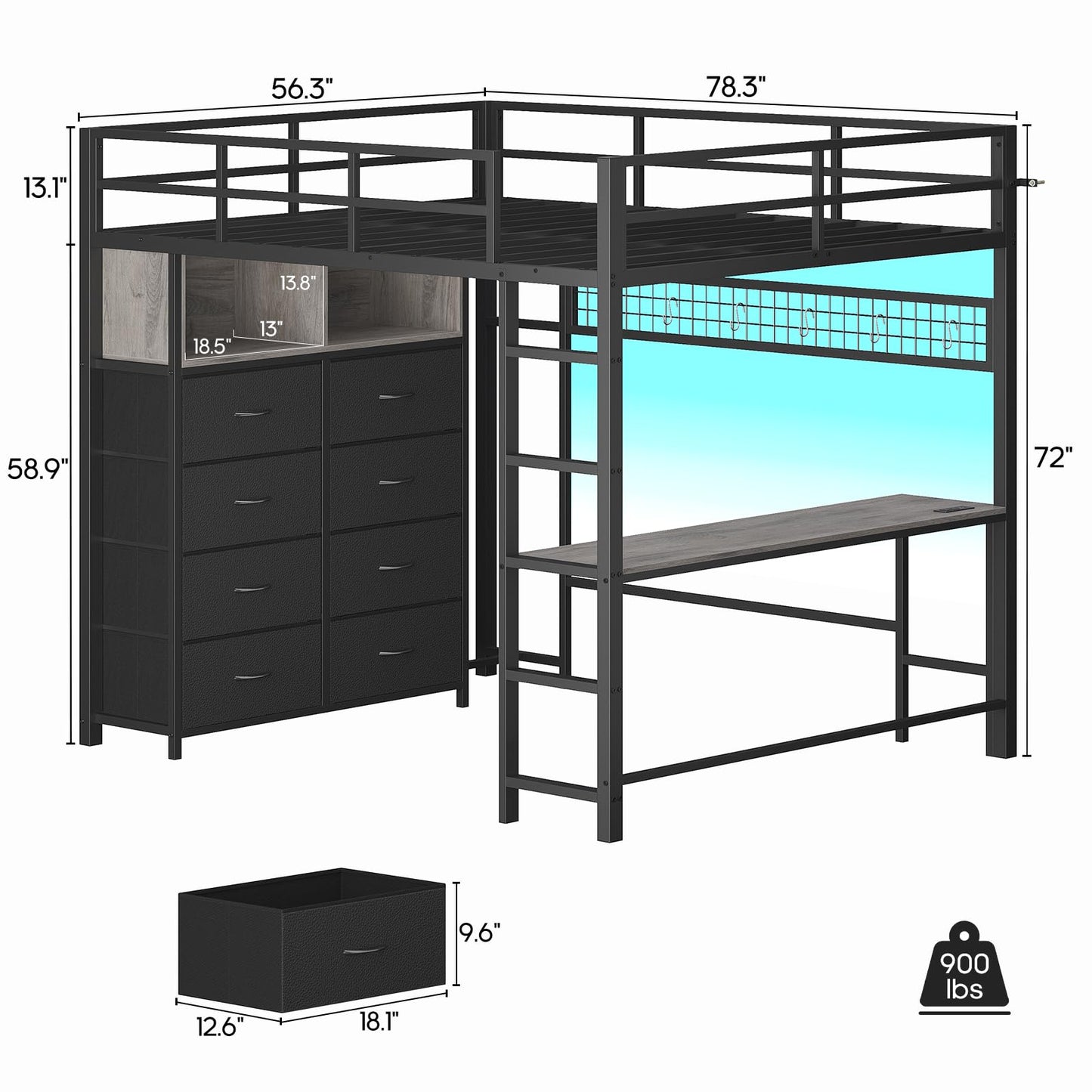 Twin/Full Size Loft Bed with Desk and 8 Storage Drawers and Charging Station, Metal Loft Bed Twin with LED Lights, Storage Shelves
