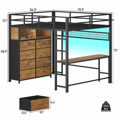 Twin/Full Size Loft Bed with Desk and 8 Storage Drawers and Charging Station, Metal Loft Bed Twin with LED Lights, Storage Shelves