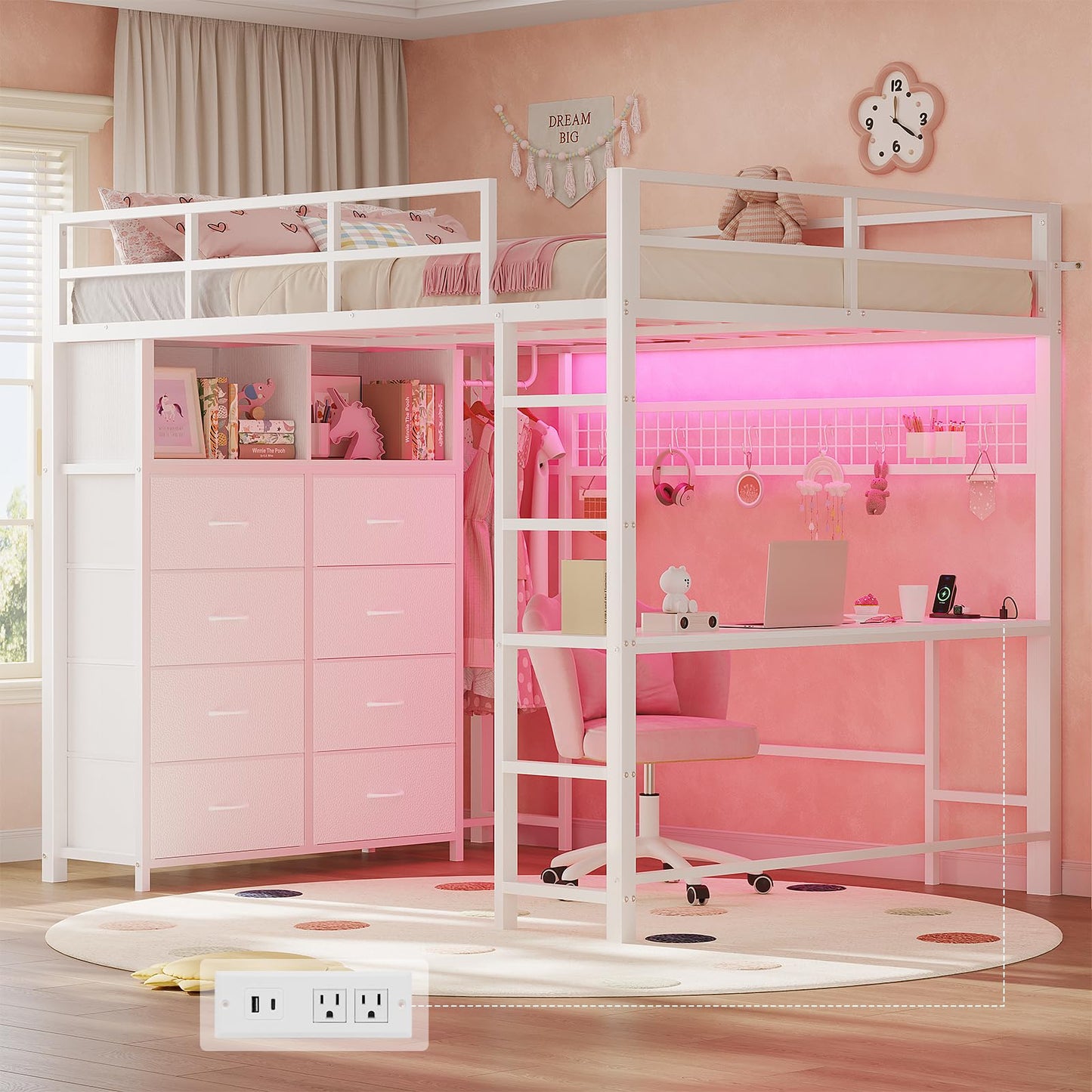 Twin/Full Size Loft Bed with Desk and 8 Storage Drawers and Charging Station, Metal Loft Bed Twin with LED Lights, Storage Shelves