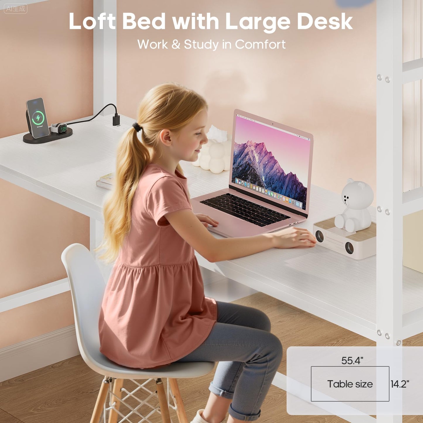 Twin/Full Size Loft Bed with Desk and 8 Storage Drawers and Charging Station, Metal Loft Bed Twin with LED Lights, Storage Shelves