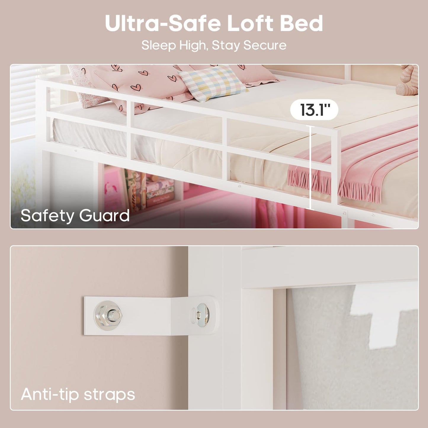 Twin/Full Size Loft Bed with Desk and 8 Storage Drawers and Charging Station, Metal Loft Bed Twin with LED Lights, Storage Shelves