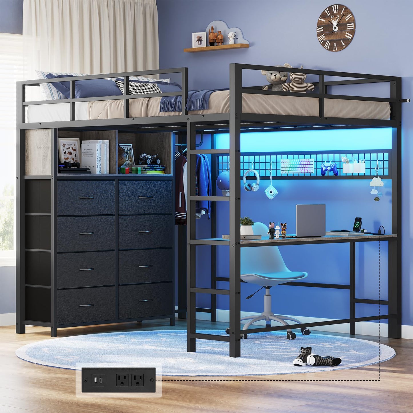 Twin/Full Size Loft Bed with Desk and 8 Storage Drawers and Charging Station, Metal Loft Bed Twin with LED Lights, Storage Shelves