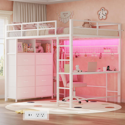 Twin/Full Size Loft Bed with Desk and 8 Storage Drawers and Charging Station, Metal Loft Bed Twin with LED Lights, Storage Shelves