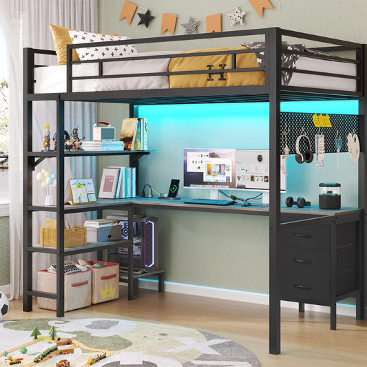Loft Bed Twin Size with L-Shaped Desk and Charging Station, LED Light Twin Metal Loft Bed with Fabric Drawers and Shelves