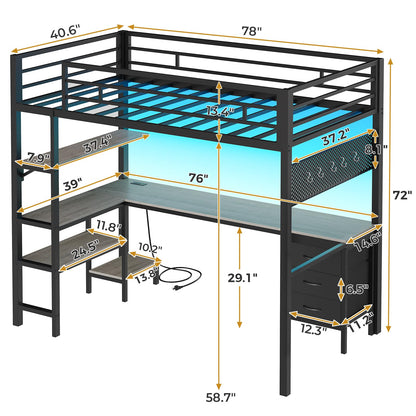 Loft Bed Twin Size with L-Shaped Desk and Charging Station, LED Light Twin Metal Loft Bed with Fabric Drawers and Shelves