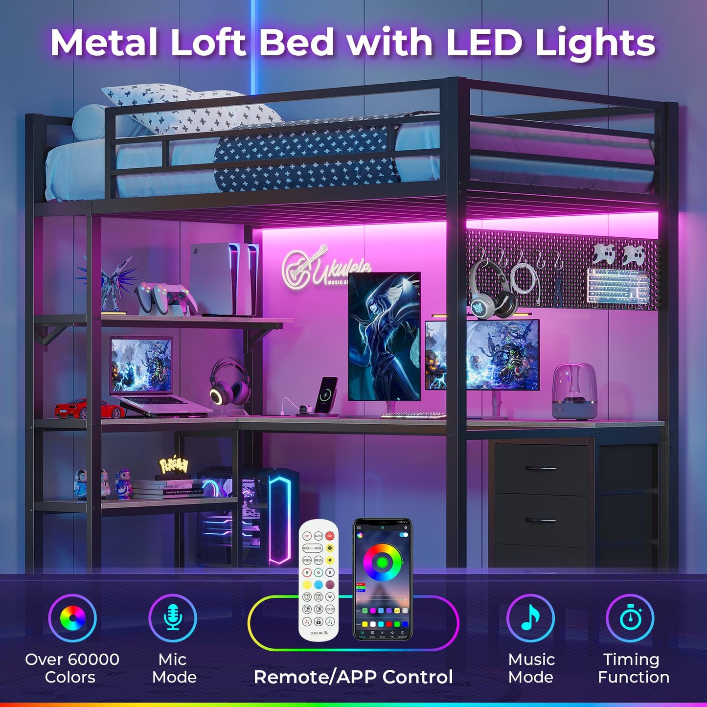 Loft Bed Twin Size with L-Shaped Desk and Charging Station, LED Light Twin Metal Loft Bed with Fabric Drawers and Shelves