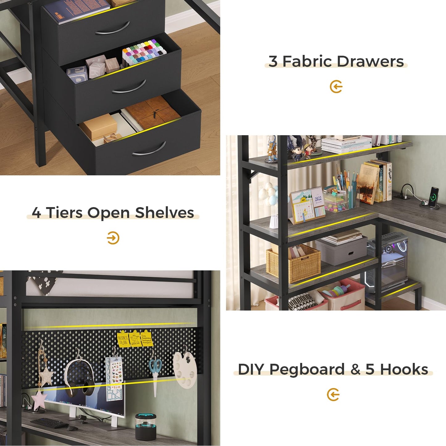 Loft Bed Twin Size with L-Shaped Desk and Charging Station, LED Light Twin Metal Loft Bed with Fabric Drawers and Shelves