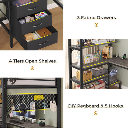 Loft Bed Twin Size with L-Shaped Desk and Charging Station, LED Light Twin Metal Loft Bed with Fabric Drawers and Shelves