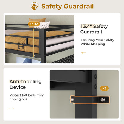 Loft Bed Twin Size with L-Shaped Desk and Charging Station, LED Light Twin Metal Loft Bed with Fabric Drawers and Shelves