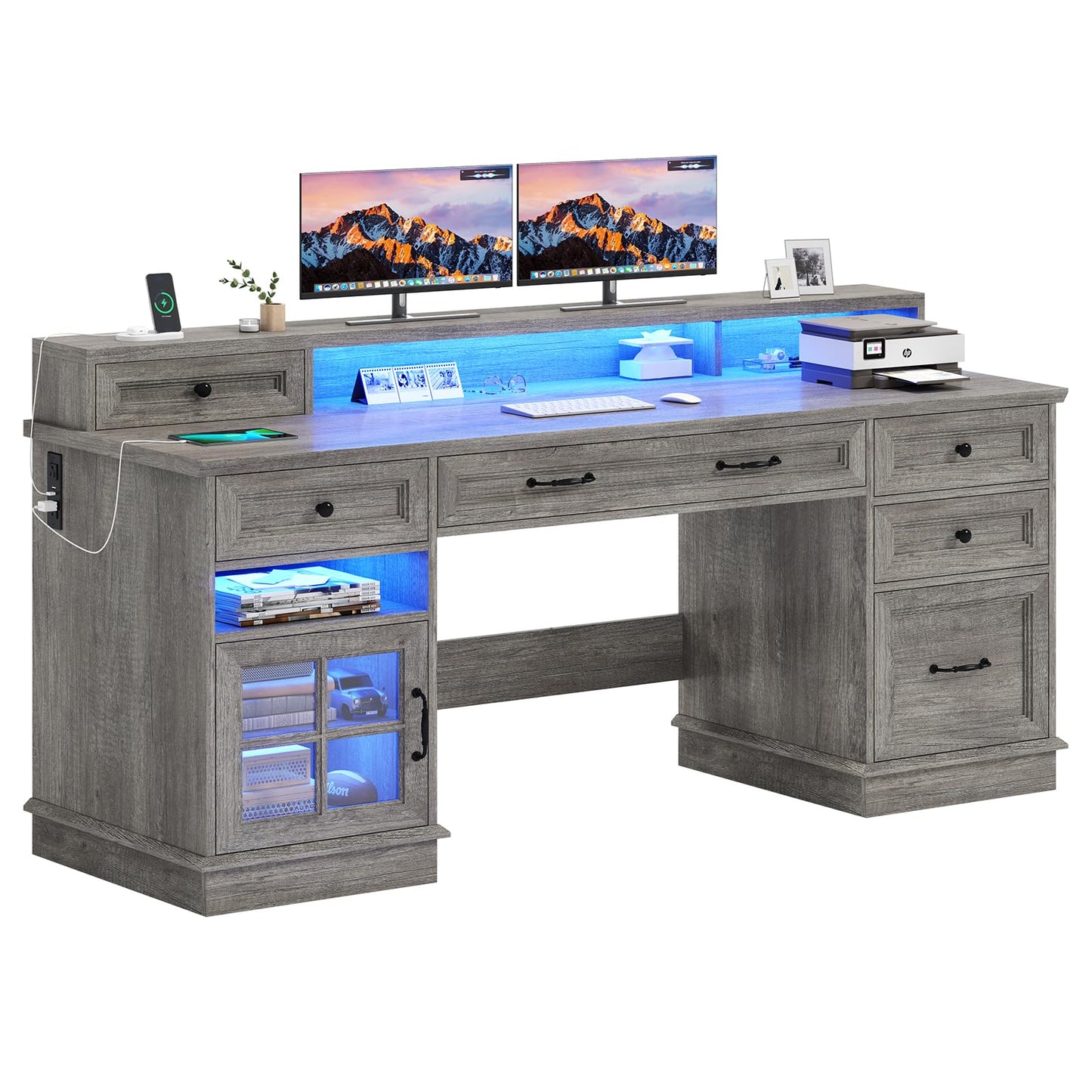 59" Computer Desk with 5 Drawers and Charging Station, Farmhouse Office Desk for Home Office