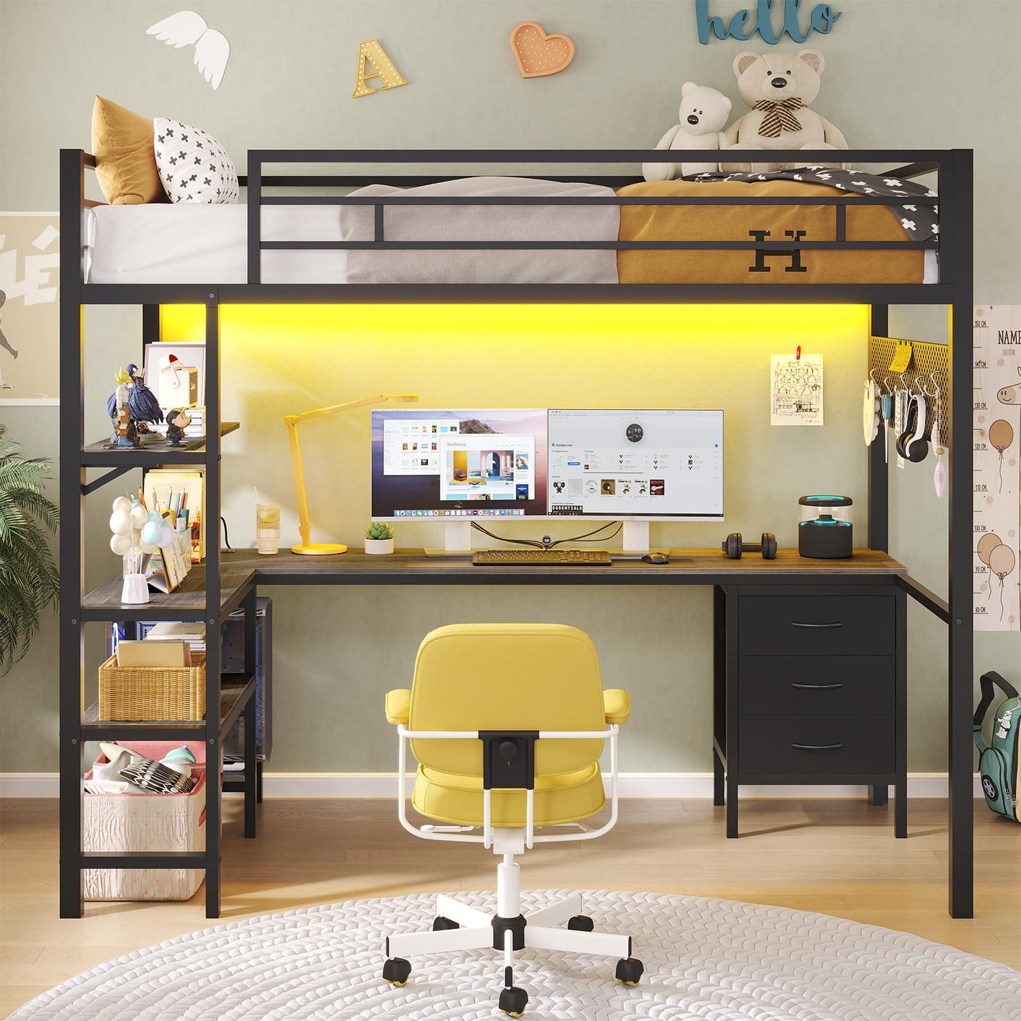 Loft Bed Twin Size with L-Shaped Desk and Charging Station, LED Light Twin Metal Loft Bed with Fabric Drawers and Shelves
