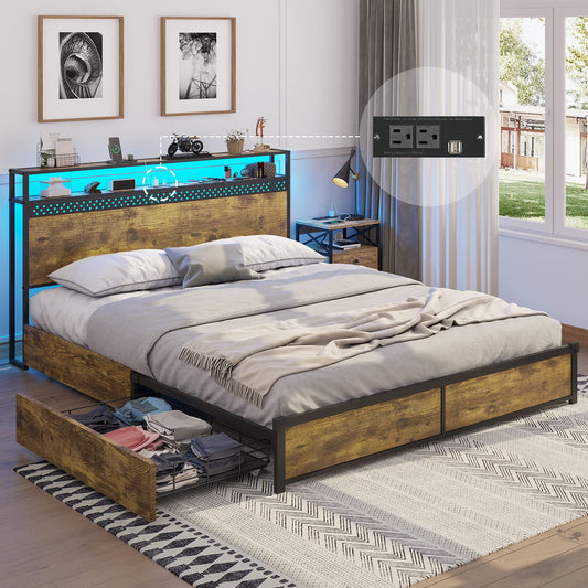 LED Queen Bed Frame with 4 Drawers