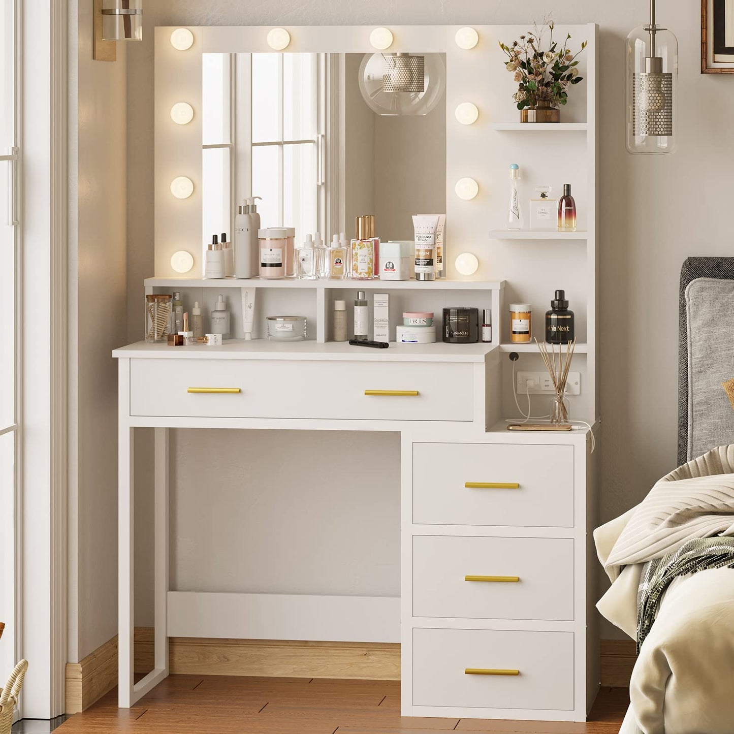 Makeup Vanity with 10 Light Bulbs, Modern Vanity Desk with Mirror and 2 USB Ports and Outlets, White