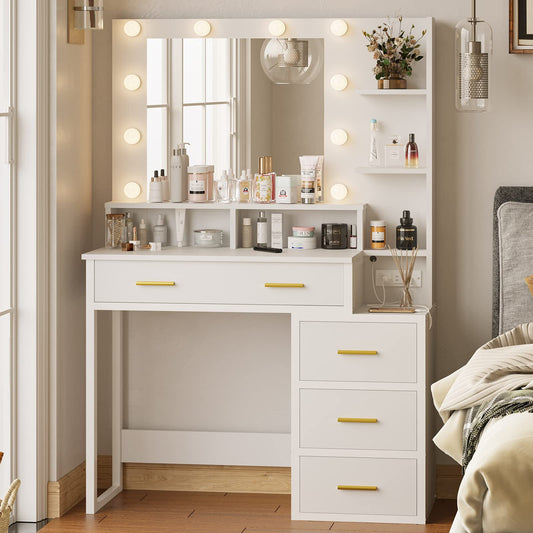 Makeup Vanity with 10 Light Bulbs, Modern Vanity Desk with Mirror and 2 USB Ports and Outlets, White