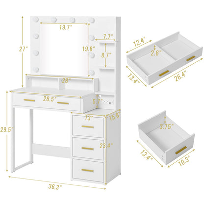 Makeup Vanity with 10 Light Bulbs, Modern Vanity Desk with Mirror and 2 USB Ports and Outlets, White