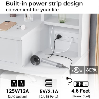 Makeup Vanity with 10 Light Bulbs, Modern Vanity Desk with Mirror and 2 USB Ports and Outlets, White