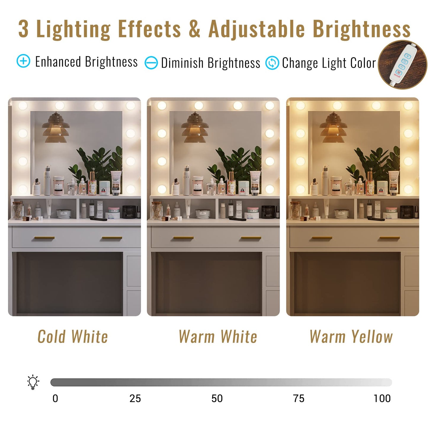 Makeup Vanity with 10 Light Bulbs, Modern Vanity Desk with Mirror and 2 USB Ports and Outlets, White