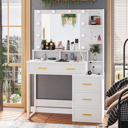 Makeup Vanity with 10 Light Bulbs, Modern Vanity Desk with Mirror and 2 USB Ports and Outlets, White