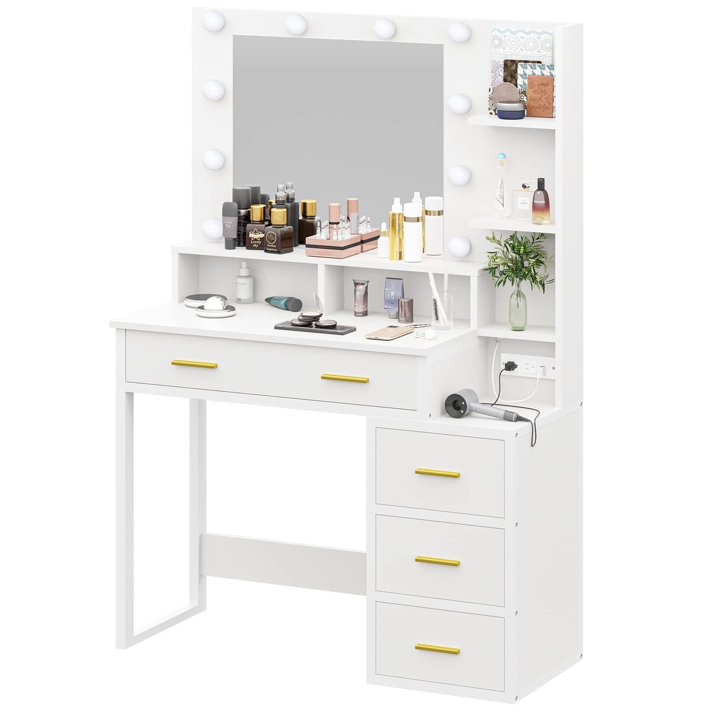 Makeup Vanity with 10 Light Bulbs, Modern Vanity Desk with Mirror and 2 USB Ports and Outlets, White