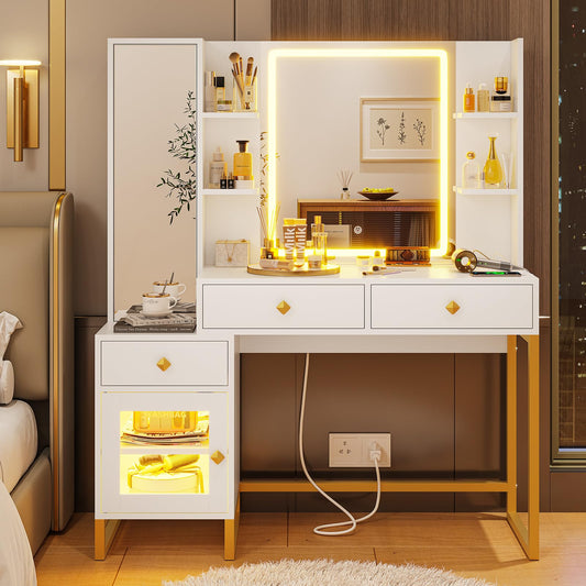 Vanity with Lighted Mirror and Charging Station, Makeup Table with Jewelry Armoire, Full Length Mirror, RGB Cabinet, White