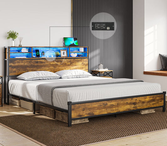 Queen Bed Frame with LED Lights Headboard, Metal Platform Bed with Outlets and USB Ports