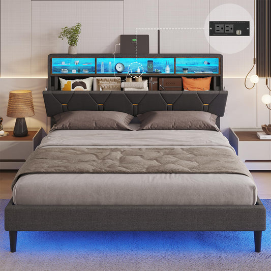 Queen Size Bed Frame with LED Lights, Platform Bed Frame with Bookcase Headboard, Outlets and USB Ports, Dark Gray