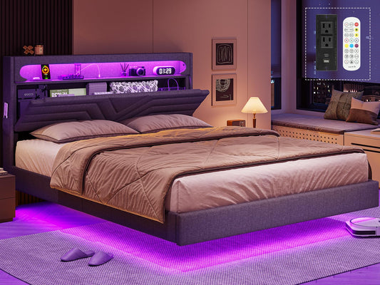 Queen Floating Bed Frame with RGB LED Lights Headboard, USB-C/A Power Combo