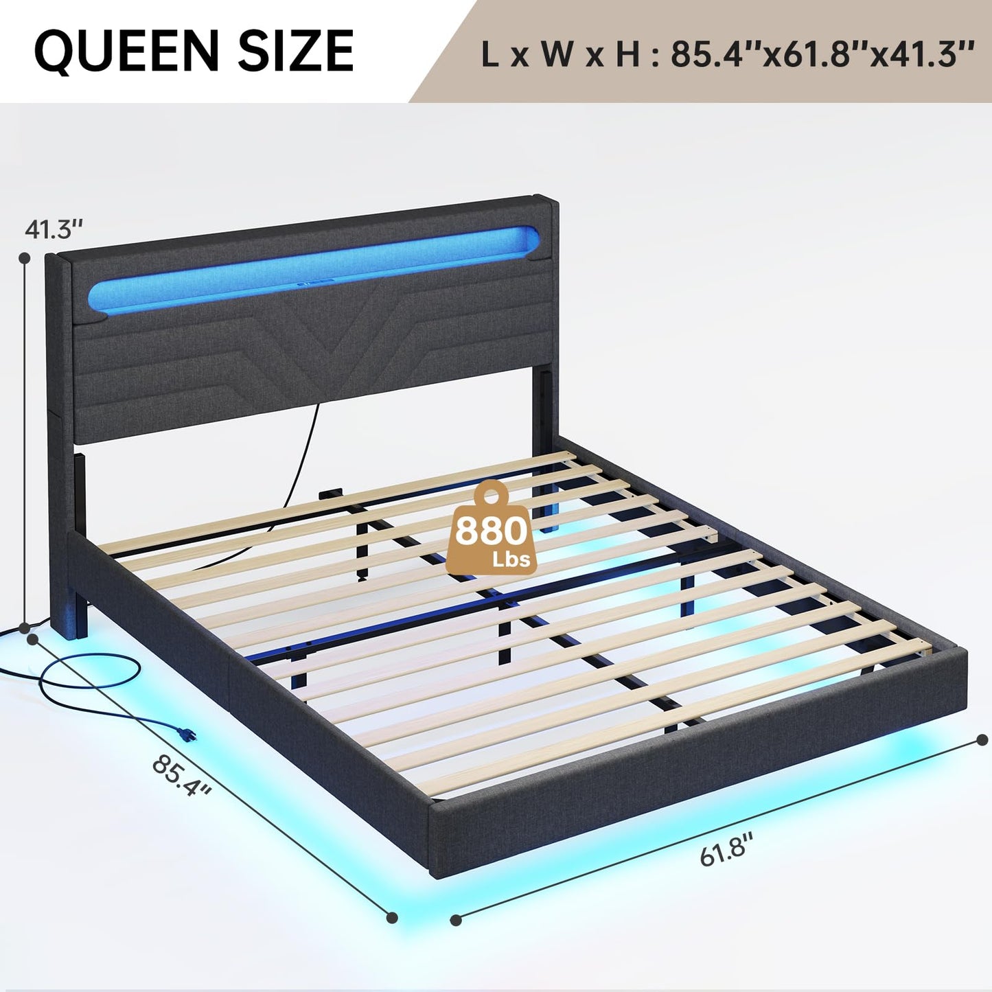 Queen Floating Bed Frame with RGB LED Lights Headboard, USB-C/A Power Combo