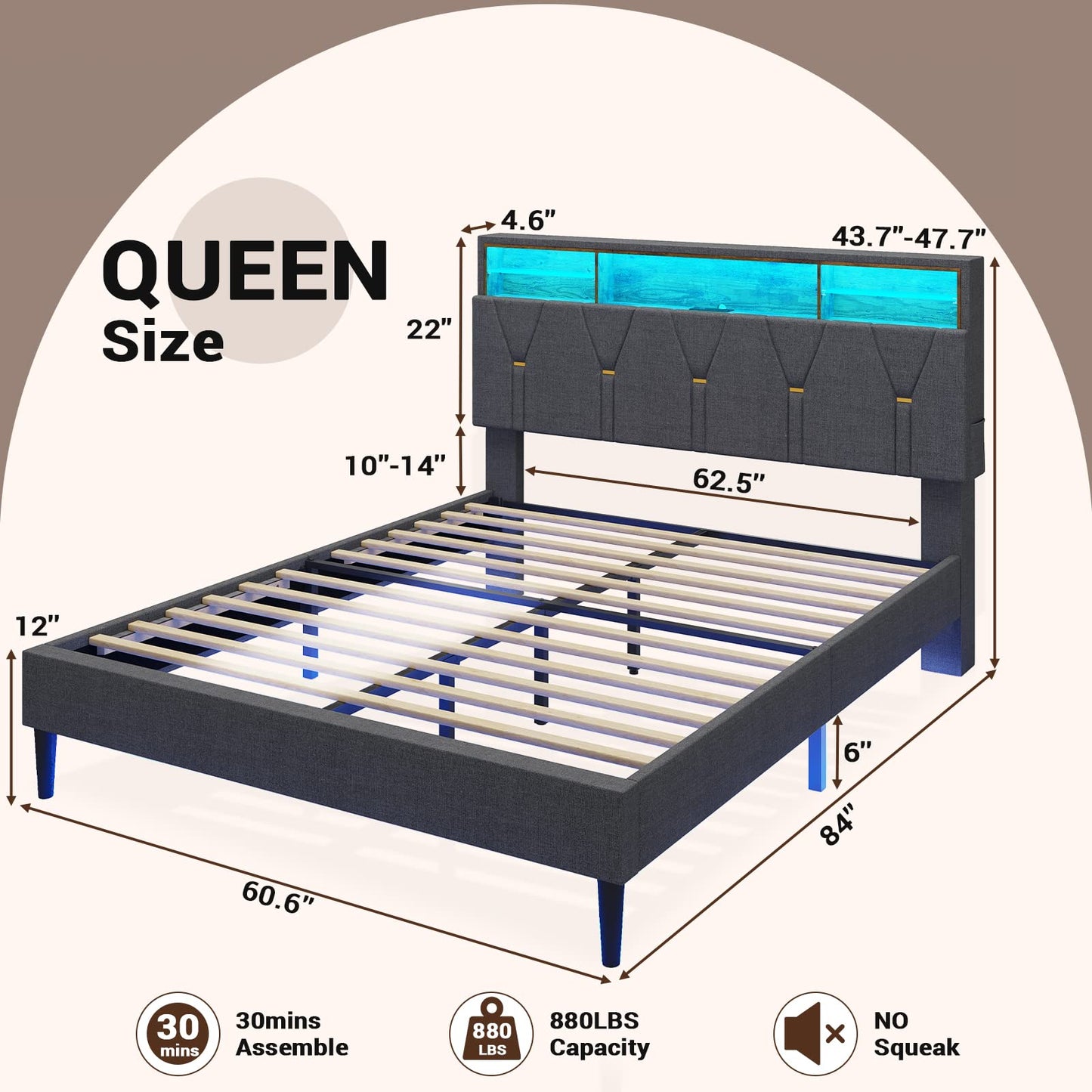 Queen Size Bed Frame with LED Lights, Platform Bed Frame with Bookcase Headboard, Outlets and USB Ports, Dark Gray