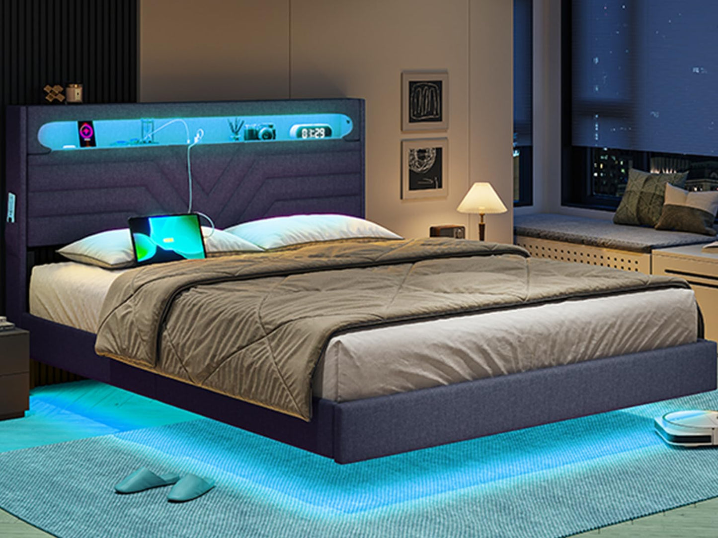 Queen Floating Bed Frame with RGB LED Lights Headboard, USB-C/A Power Combo