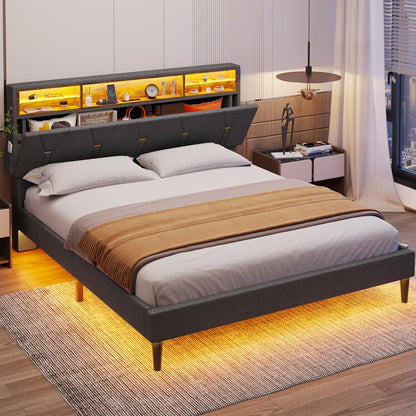 Queen Size Bed Frame with LED Lights, Platform Bed Frame with Bookcase Headboard, Outlets and USB Ports, Dark Gray