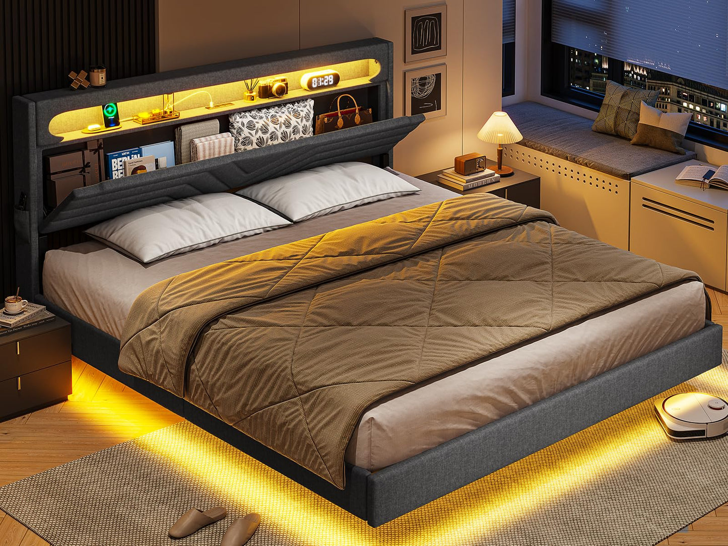 Queen Floating Bed Frame with RGB LED Lights Headboard, USB-C/A Power Combo