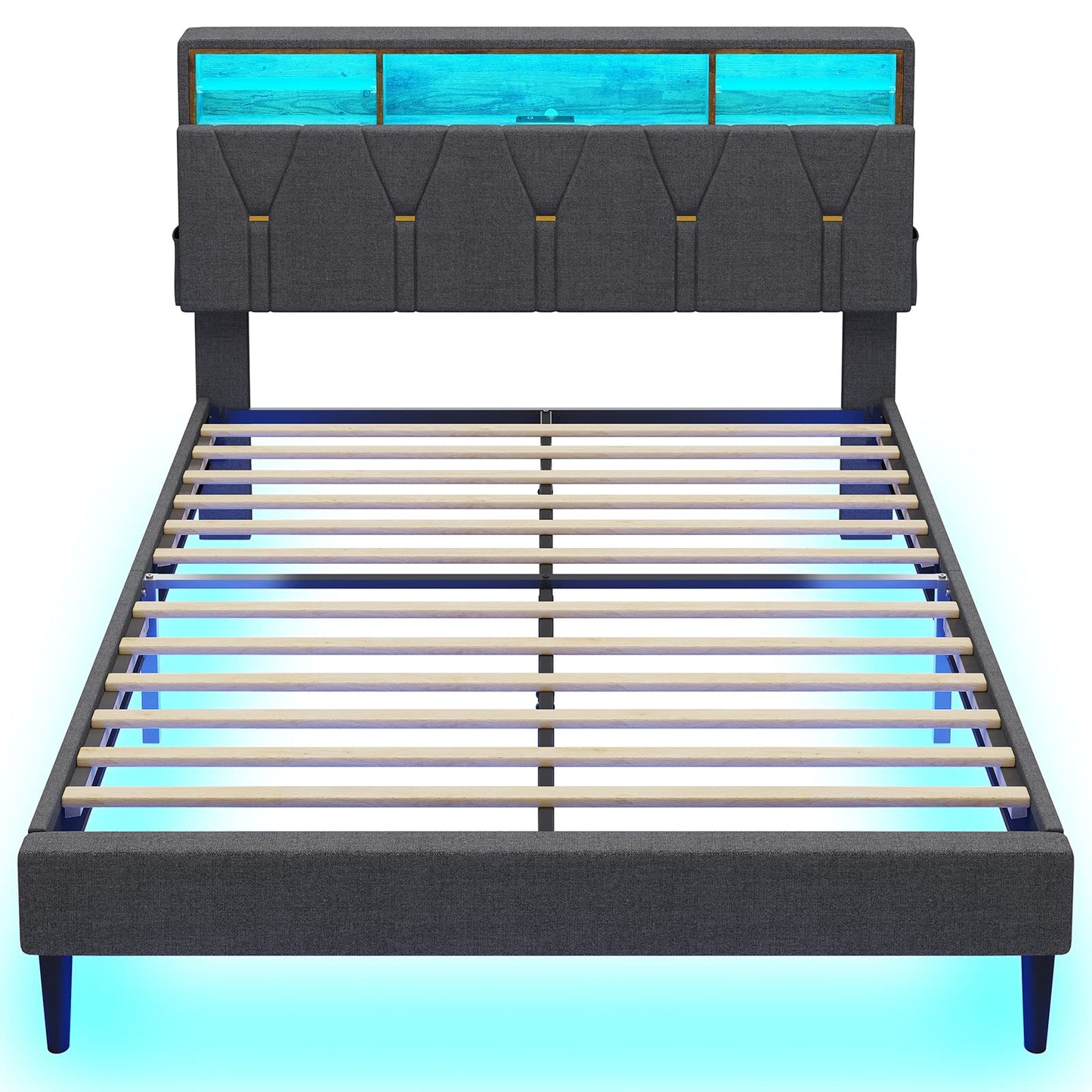 Queen Size Bed Frame with LED Lights, Platform Bed Frame with Bookcase Headboard, Outlets and USB Ports, Dark Gray