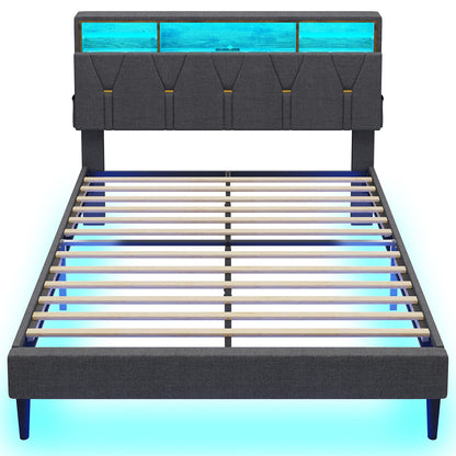 Queen Size Bed Frame with LED Lights, Platform Bed Frame with Bookcase Headboard, Outlets and USB Ports, Dark Gray