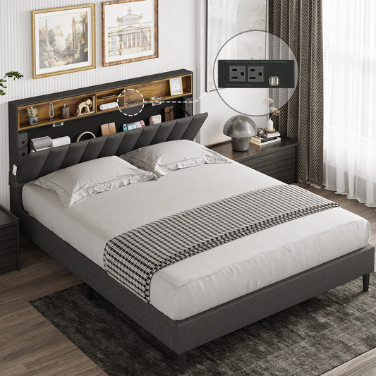 Queen Bed Frame with USB Ports and Outlets, Upholstered Platform Bed with Storage Headboard, Dark Gray