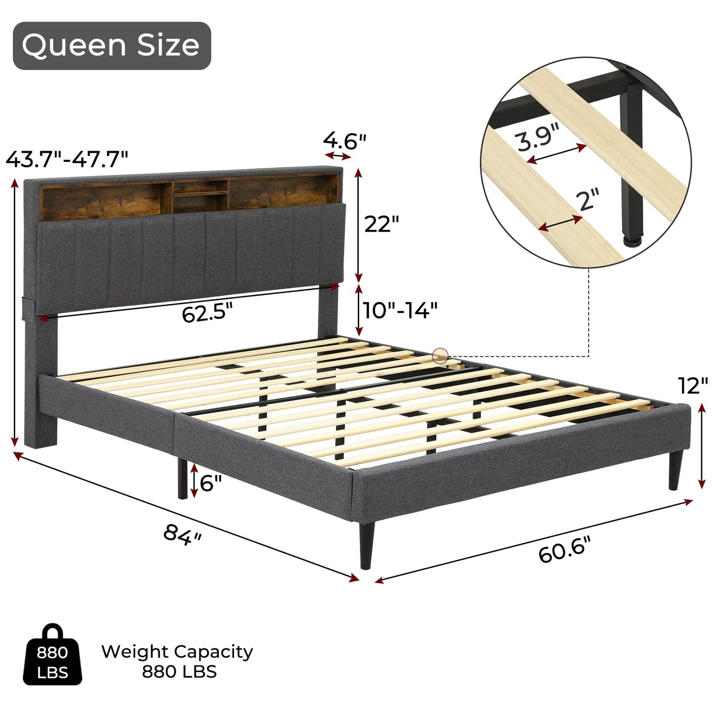 Queen Bed Frame with USB Ports and Outlets, Upholstered Platform Bed with Storage Headboard, Dark Gray