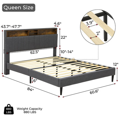 Queen Bed Frame with USB Ports and Outlets, Upholstered Platform Bed with Storage Headboard, Dark Gray