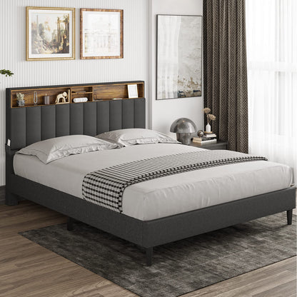 Queen Bed Frame with USB Ports and Outlets, Upholstered Platform Bed with Storage Headboard, Dark Gray