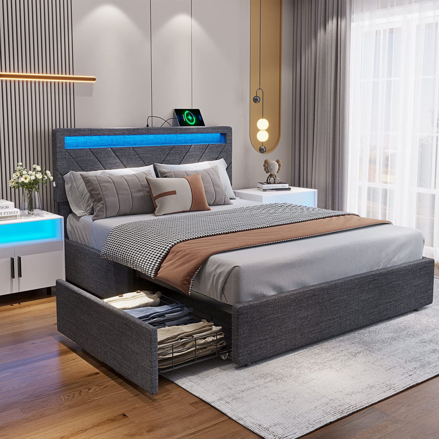 Queen Bed Frame with Drawers, LED Bed Frame with USB Charging Station, Upholstered Platform Bed, Dark Gray