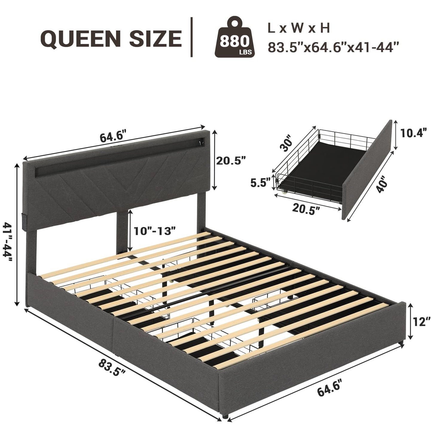 Queen Bed Frame with Drawers, LED Bed Frame with USB Charging Station, Upholstered Platform Bed, Dark Gray