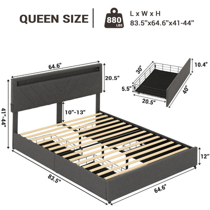 Queen Bed Frame with Drawers, LED Bed Frame with USB Charging Station, Upholstered Platform Bed, Dark Gray