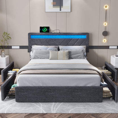 Queen Bed Frame with Drawers, LED Bed Frame with USB Charging Station, Upholstered Platform Bed, Dark Gray