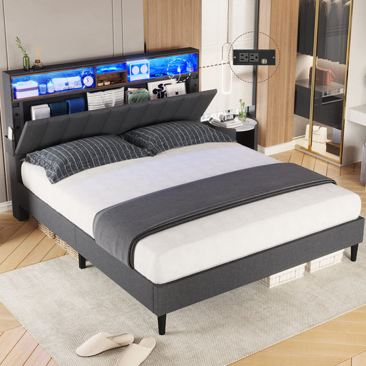 Queen Size Platform Bed Frame, LED Lights Headboard with Outlets and USB Ports