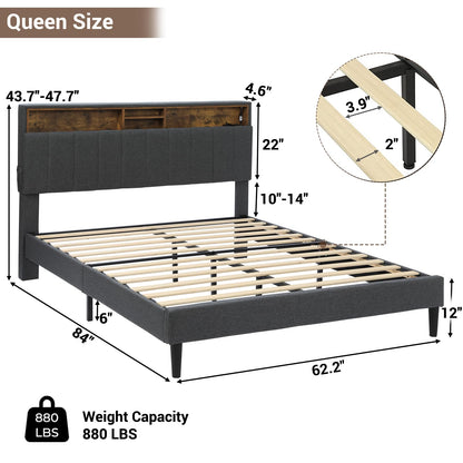 Queen Size Platform Bed Frame, LED Lights Headboard with Outlets and USB Ports