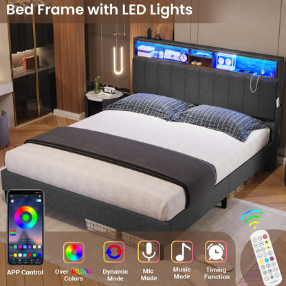 Queen Size Platform Bed Frame, LED Lights Headboard with Outlets and USB Ports