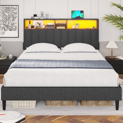 Queen Size Platform Bed Frame, LED Lights Headboard with Outlets and USB Ports