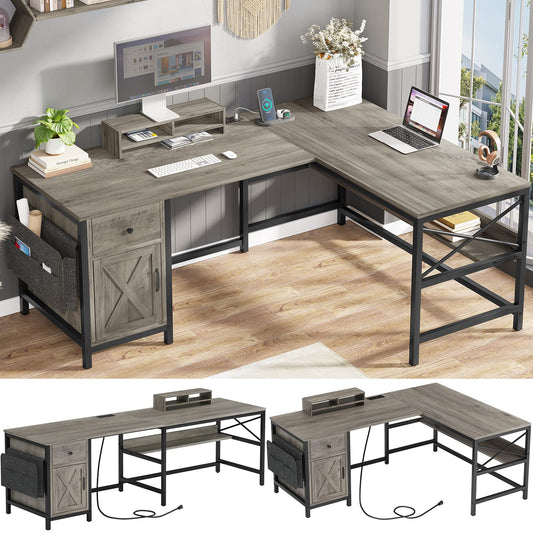 L Shaped Computer Desk, Reversible Corner Home Office Desk or 2 Person Desk, L Desk with Drawer, Bookshelf, Storage Cabinet, Rustic Grey