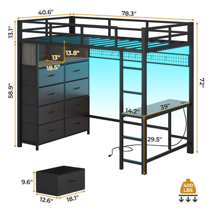 Twin/Full Size Loft Bed with Desk and 8 Storage Drawers and Charging Station, Metal Loft Bed Twin with LED Lights, Storage Shelves