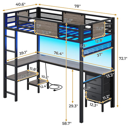 Loft Twin Size Bed with Desk, LED Lights and Charging Station, Metal Loft Bed Frame with Fabric Drawers and Shelves, White